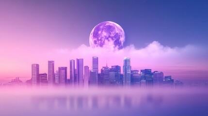 Stunning Urban Skyline Under a Full Moon with Colorful Twilight Hues and Reflective Waters