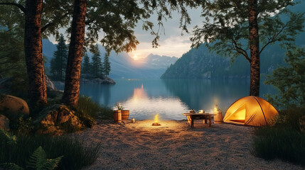 Idyllic weekend vacation night outdoor camping campground by secluded majestic mountain scene with tent by winding woodland stream mountain landscape nature trees forest background