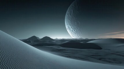 Surreal Alien Landscape with a Distant Planet and Textured Waves Under a Dark Sky