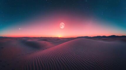 Vivid Sunset Over Desert Dunes with Starry Sky and Colorful Horizon in Tranquil Landscape