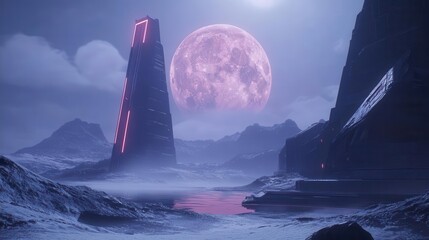 Surreal Landscape with Tower Under a Bright Pink Moon and Mystical Mountains at Night