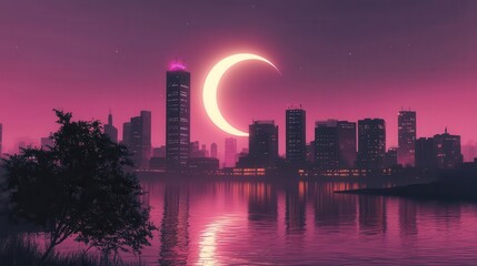 Tranquil City Skyline at Night with a Half Moon and Vibrant Purple Sunset Reflections on Water