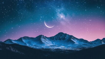 Tranquil Night Landscape Featuring Mountains Under Starry Sky with Crescent Moon and Milky Way