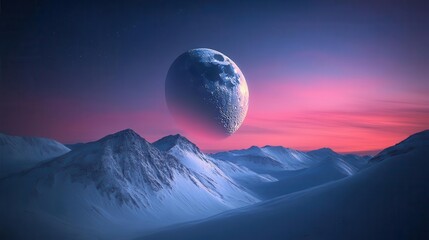 Surreal Landscape of Snowy Mountains Under a Glowing Moon at Dusk in a Dreamlike Atmosphere