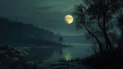 Tranquil Moonlit Landscape Reflecting Over Calm Water Surrounded by Silhouetted Trees at Night