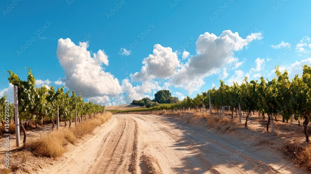 Poster a sunlit vineyard landscape with rows of grapevines a dirt road under a bright blue sky with puffy w