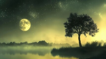 Tranquil Night Landscape with Full Moon and Stars Over Misty Water and Silhouette of a Tree