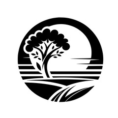 Monochrome Landscape Circle: Tree, Sun, Fields, Simplified Design