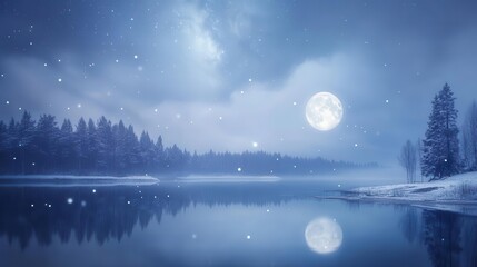 Winter Night Landscape with Full Moon and Reflections on a Calm Lake Surrounded by Forest