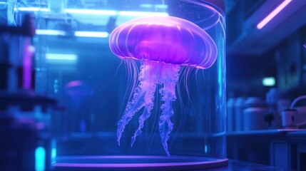 Fototapeta premium Captivating bioluminescent jellyfish in a futuristic laboratory environment research