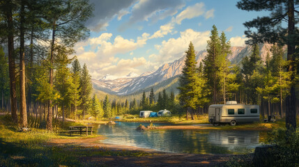 Idyllic weekend vacation outdoor camping campground by secluded majestic mountain lake with camper rv picnic table and fire circle mountain landscape nature woodland forest background