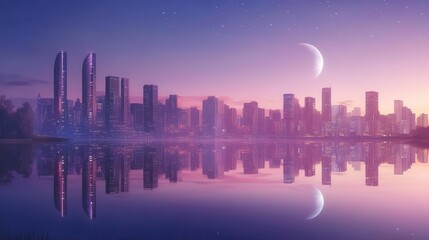 Urban City Skyline at Dusk with Reflection in Water and Moonlight in a Serene Setting