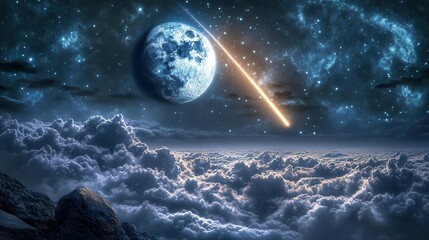 Vivid Night Sky with a Brilliant Moon and a Shooting Star Above the Clouds and Ocean
