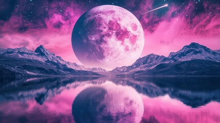 Vibrant, Surreal Landscape with a Giant Pink Moon and Majestic Mountains Reflected in Still Water