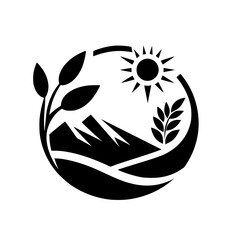 Black and White Eco-Circle: Sun, Mountains, and Nature's Embrace
