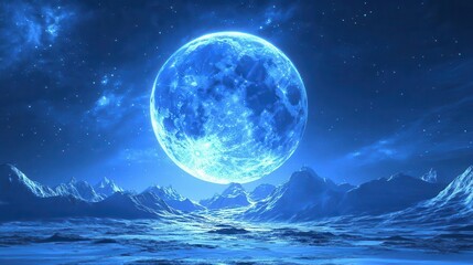Vibrant Blue Moon Illuminating Majestic Mountains and Reflecting on Serene Water at Night