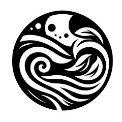 Monochrome Wave and Leaf Motif: A Stylized, Circular Design