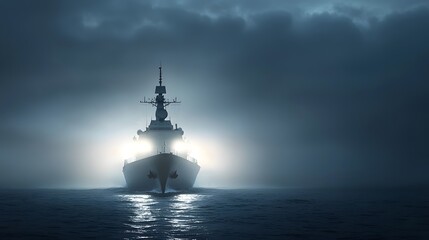 A powerful warship engaged in a night time combat intense spotlights cutting through the darkness as it unleashes its firepower against an unseen enemy