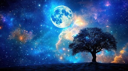 Vibrant Cosmic Night Sky with Full Moon and Silhouetted Tree Against a Starry Background