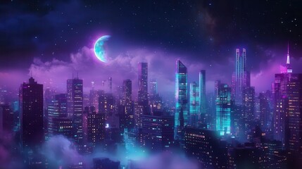 Vibrant Neon City Skyline at Night with Moon and Clouds in a Dreamy Urban Landscape
