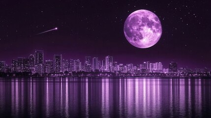 Vibrant Night Skyline with a Full Moon Reflected Over Water in a Purple Dreamy Atmosphere