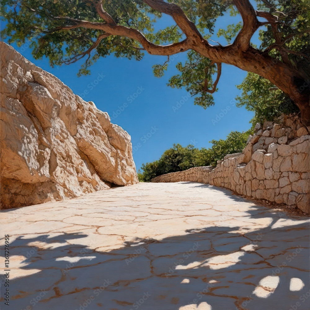 Aufkleber Scenic view of a stone pathway leading through a rocky landscape under a clear blue sky. Tree branches overhang the path creating shadows