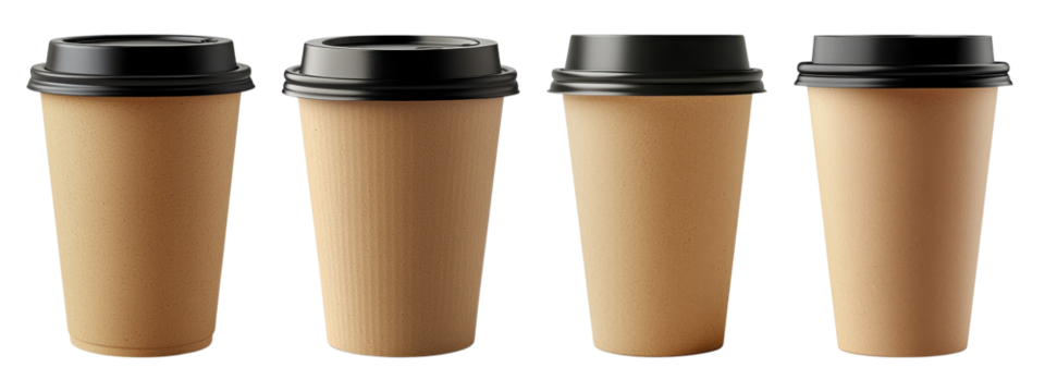 coffee cup mockups, brown paper cups with black lids on white background