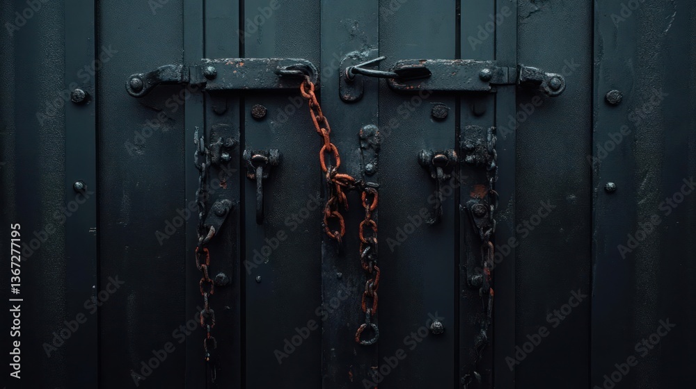 Aufkleber dark wooden door with a metal lock and chains illuminated by red light. the door has a rough texture