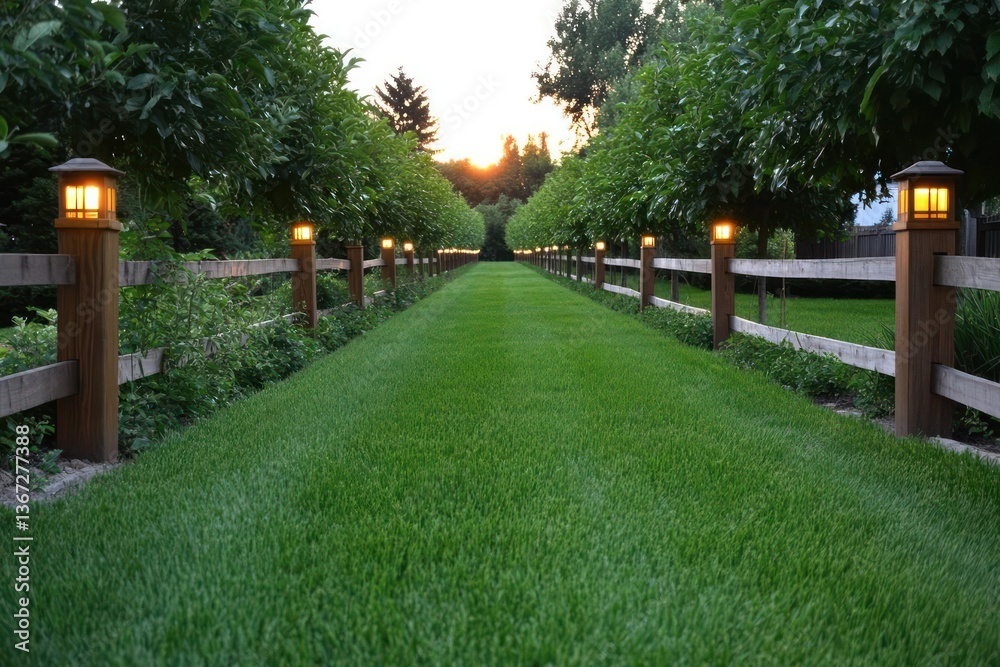 Poster lush green lawn pathway flanked by wooden fence and illuminated lanterns under sunset sky, framed by