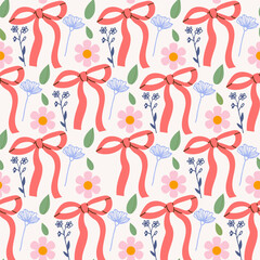Ribbons, bow, coquette, girly seamless pattern background, print, pattern, greeting card, banners, web, wrapping paper, fashion and fabric textile, wallpaper cover