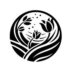 Minimalist Floral Emblem in a Circle: Black & White Design