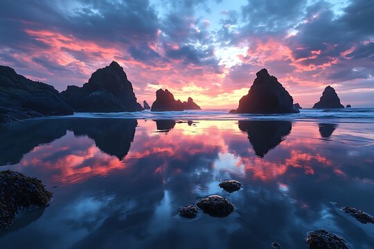 Cinematic Coastal Scene with Towering Rock Formations.