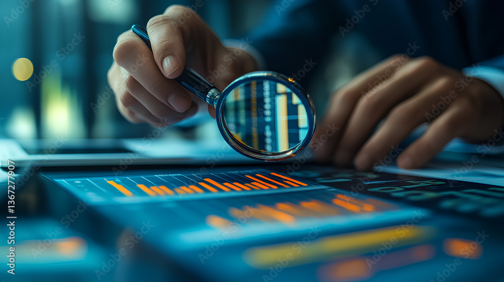 Poster market analysis and business strategy. financial and statistical data dashboard.analyst magnifying g