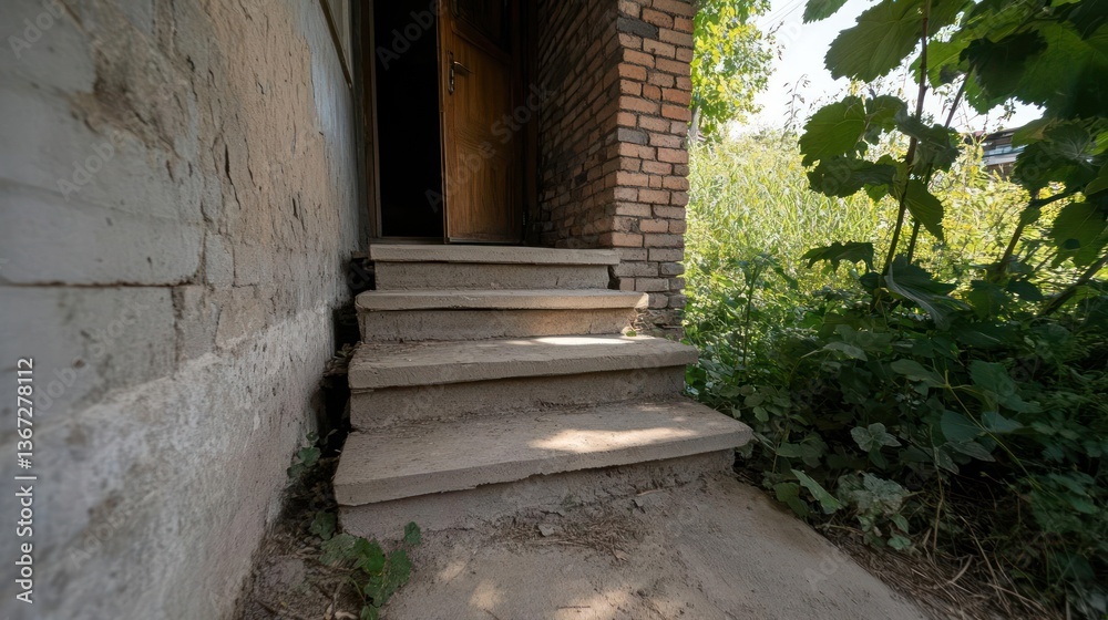 Aufkleber exterior view of concrete stairs leading to an open doorway in a weathered brick and stone building 