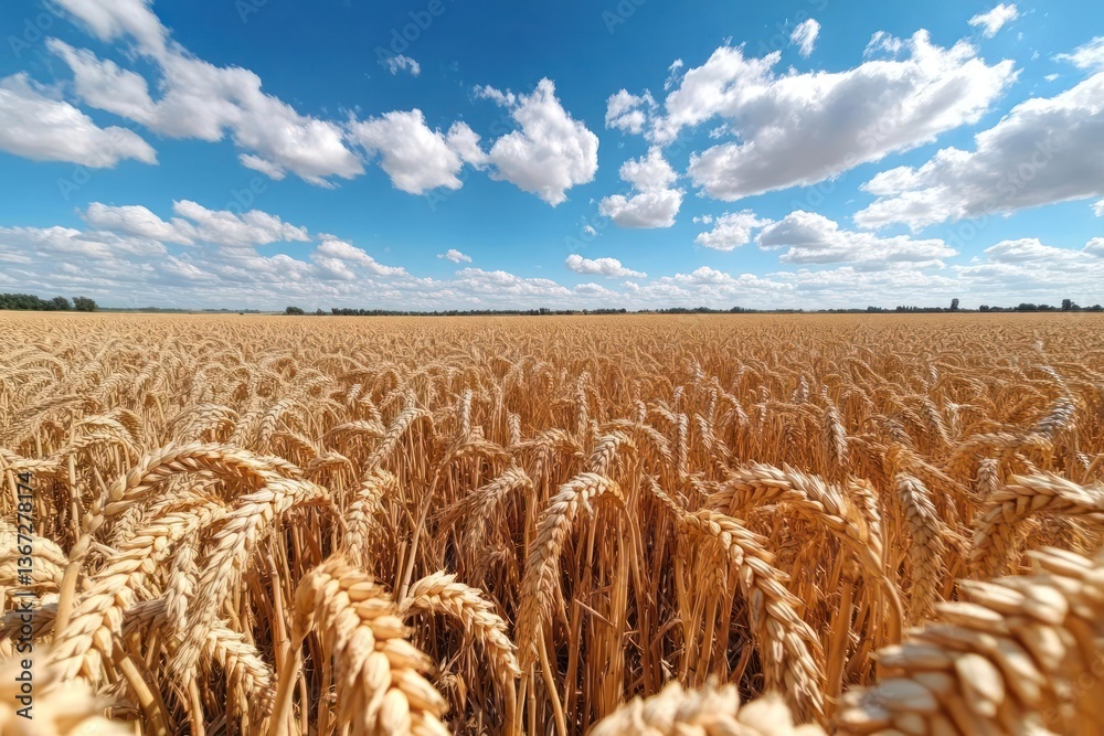 Poster vast golden wheat field under a bright blue sky with scattered fluffy white clouds. the image captur