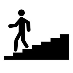 Person Walking Downstairs Icon, Simple Human Silhouette on Steps