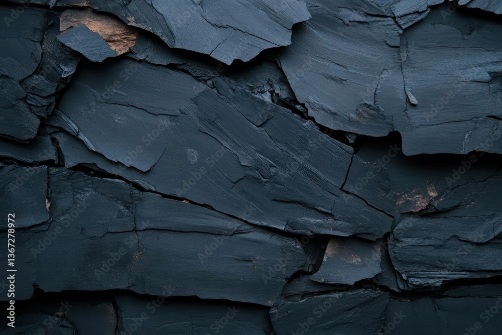 Aufkleber Close up texture of dark cracked surface with rough edges creating abstract pattern showcasing dramatic texture. The rough surface appears to be charred