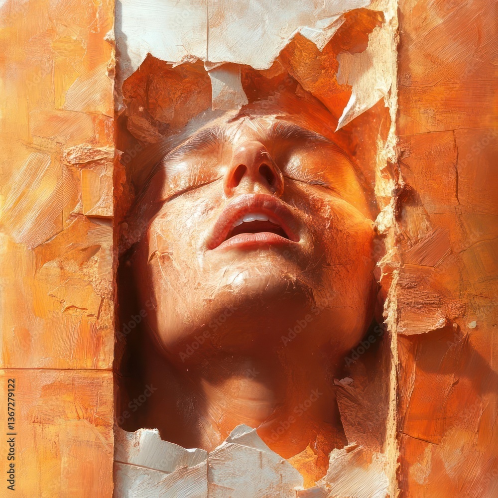 Poster human face emerging from a textured orange surface with closed eyes illuminated by warm lighting evo