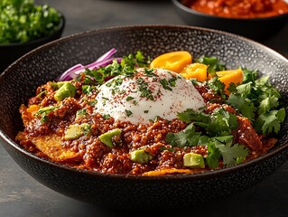 Savory chilaquiles with creamy topping and avocado.