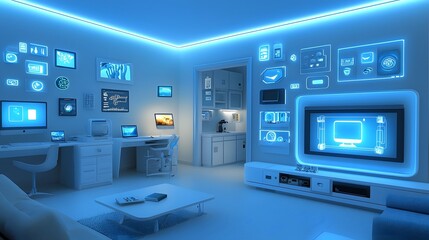 Obraz premium Responsive and Innovative Smart Home with Walls that Dynamically Change Textures and Colors Based on the Resident s Emotional State and Preferences