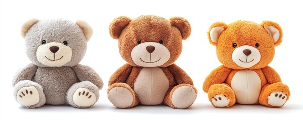 cutout set of 3 stuffed animal toys isolated on white background. Generative AI