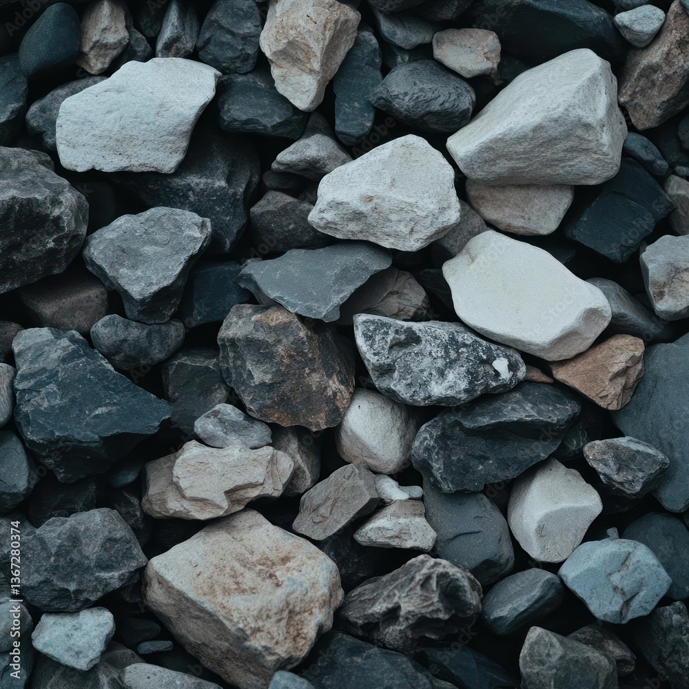 Aufkleber close up shot of a pile of small stones and rocks in various muted colors of gray brown and white wi