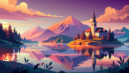 vector of peaceful sunrise over Lake Bled, Slovenia, where a tiny island rests in the still waters
