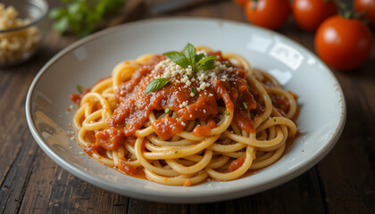 Classic Spaghetti with Rich Tomato Sauce and Fresh Basil

