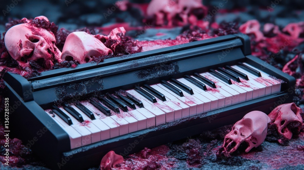 Poster keyboard instrument surrounded by skulls and red textures against a dark backdrop evokes a sense of 
