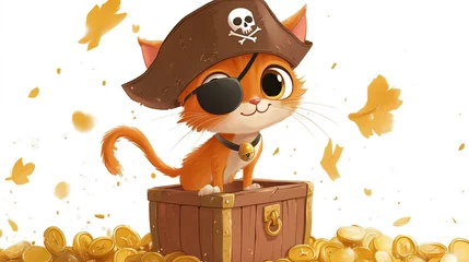 Cute orange cat dressed as a pirate sitting on a treasure chest surrounded by gold coins and autumn leaves in a whimsical setting
