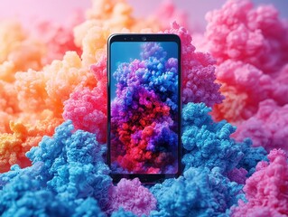 A vibrant, 3D rendering of a smartphone, from which a cascade of colorful balloons, like whimsical...