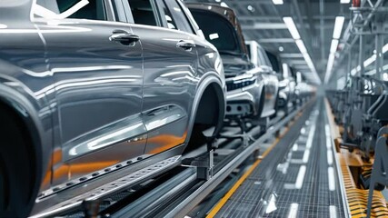 Observe the dynamic manufacturing process of shiny cars moving along the assembly line in a modern facility, showcasing precision engineering and teamwork during the production phase