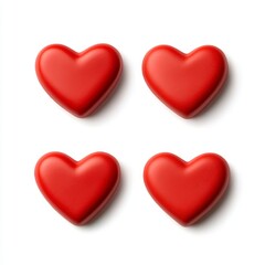 Four red heart-shaped candies on white background