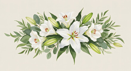 Elegant white lily bouquet with greenery on a soft background  